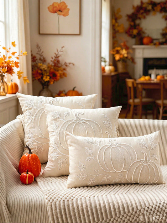 1pc White Pearl Pumpkin Exquisite Embroidery Craft Multi-Size Cushion Pillowcase, Harvest Festival, Sofa Bed Home Decor Universal, Pillow Insert Not Included