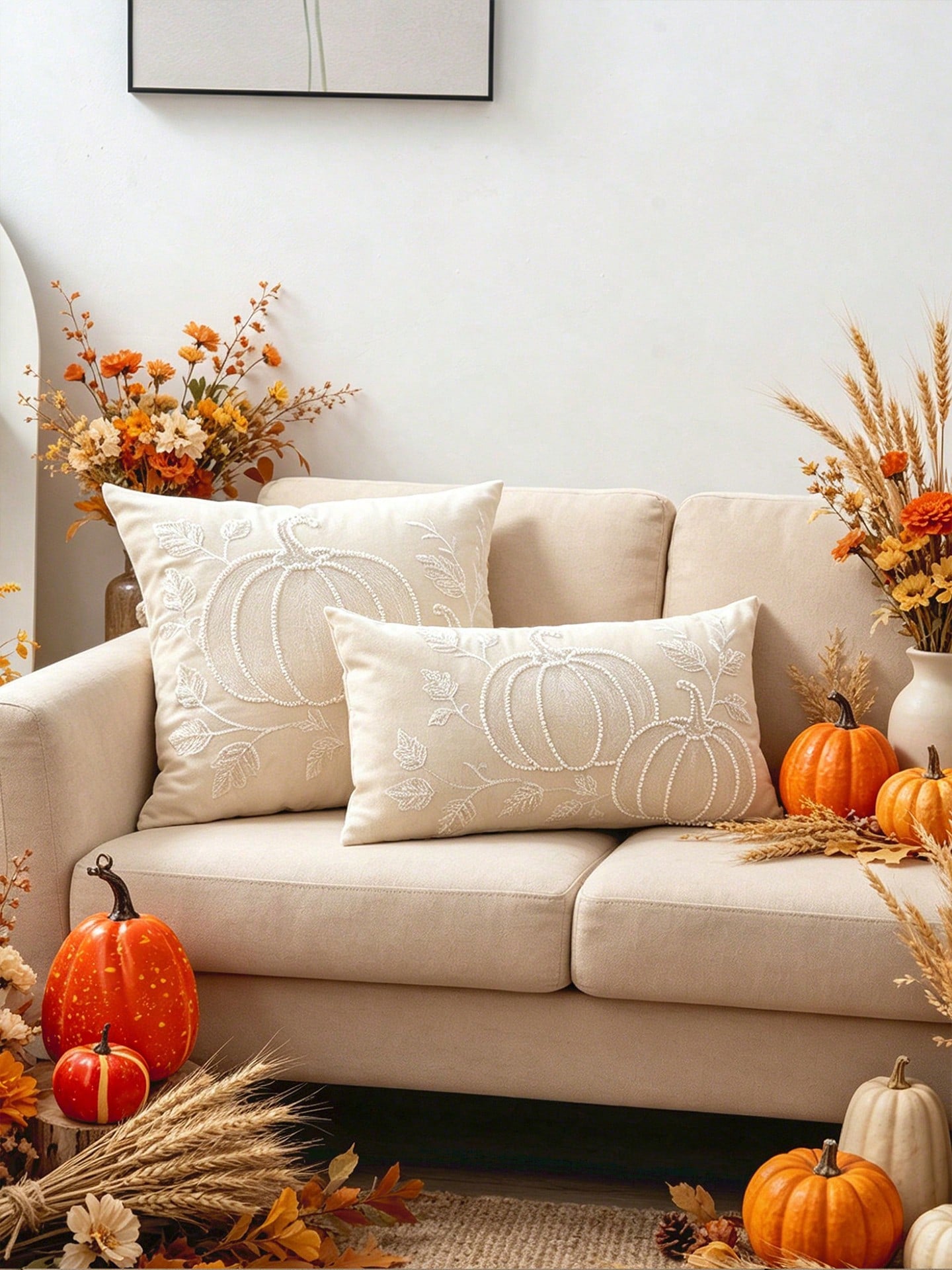 1pc White Pearl Pumpkin Exquisite Embroidery Craft Multi-Size Cushion Pillowcase, Harvest Festival, Sofa Bed Home Decor Universal, Pillow Insert Not Included