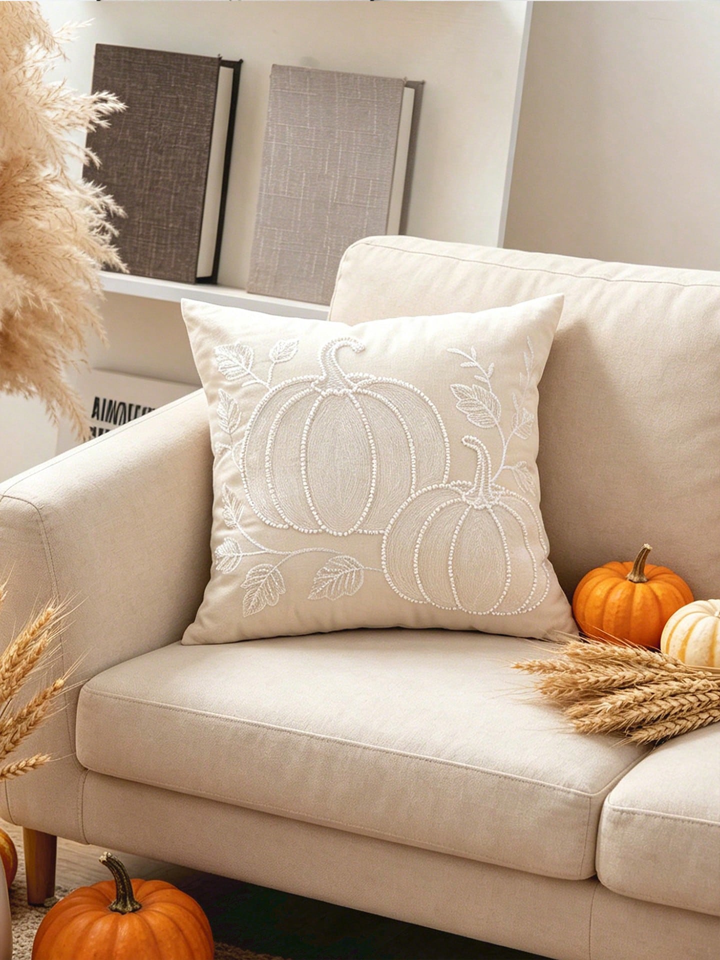1pc White Pearl Pumpkin Exquisite Embroidery Craft Multi-Size Cushion Pillowcase, Harvest Festival, Sofa Bed Home Decor Universal, Pillow Insert Not Included