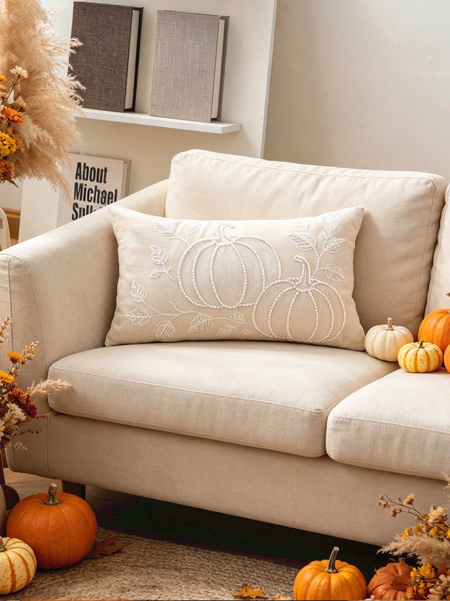 1pc White Pearl Pumpkin Exquisite Embroidery Craft Multi-Size Cushion Pillowcase, Harvest Festival, Sofa Bed Home Decor Universal, Pillow Insert Not Included