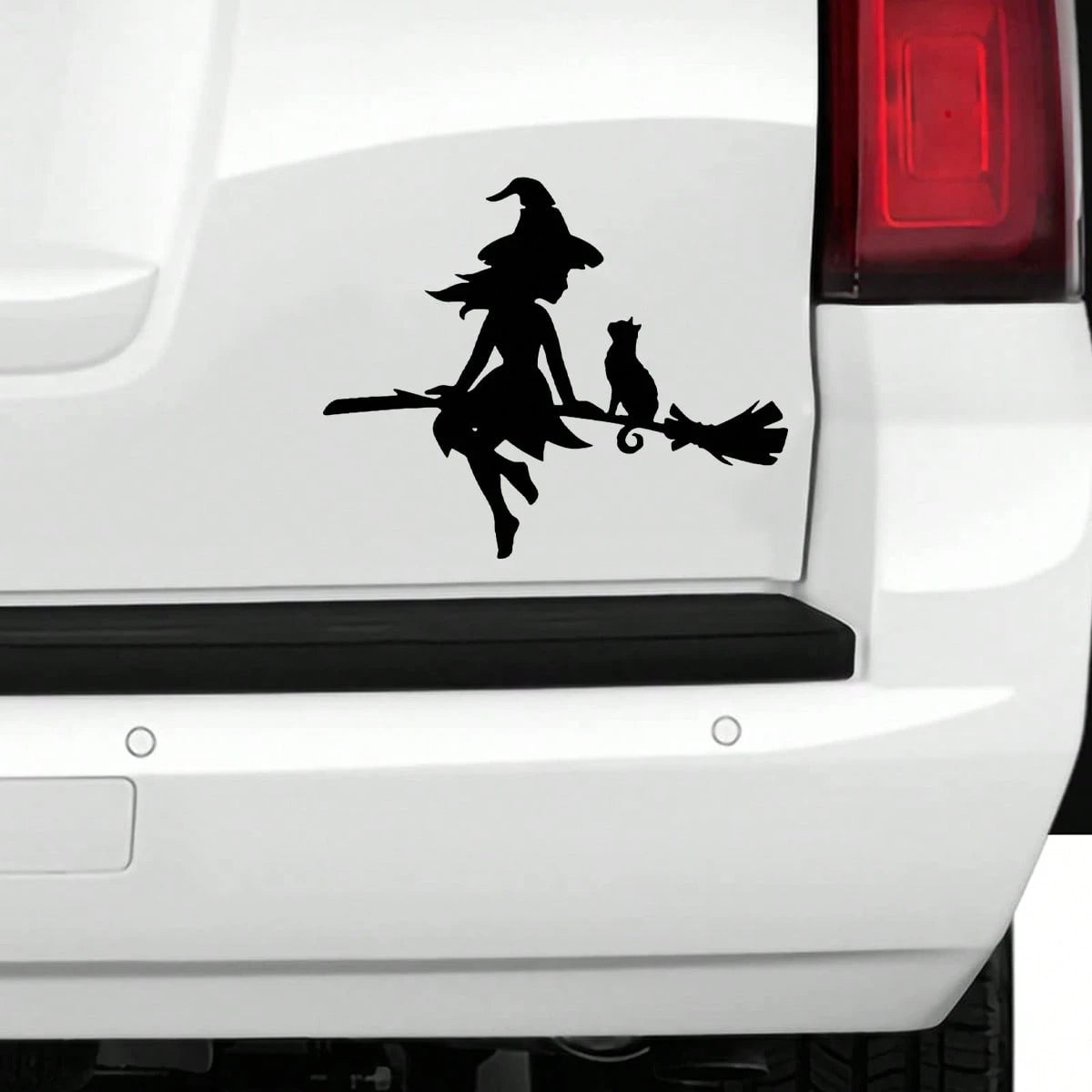 1pc Witch Riding Flying Broom Charming Witch Fairy And Cat Car Exterior Sticker Decoration- Durable Sticker Art Decor- Car Exterior Accessories