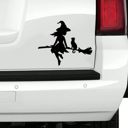 1pc Witch Riding Flying Broom Charming Witch Fairy And Cat Car Exterior Sticker Decoration- Durable Sticker Art Decor- Car Exterior Accessories