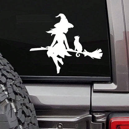 1pc Witch Riding Flying Broom Charming Witch Fairy And Cat Car Exterior Sticker Decoration- Durable Sticker Art Decor- Car Exterior Accessories