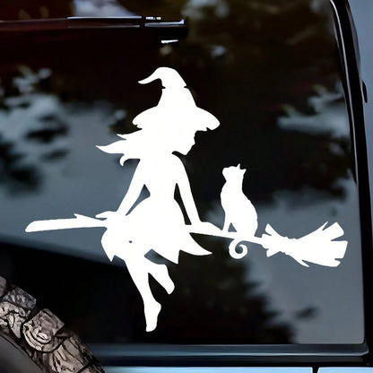 1pc Witch Riding Flying Broom Charming Witch Fairy And Cat Car Exterior Sticker Decoration- Durable Sticker Art Decor- Car Exterior Accessories