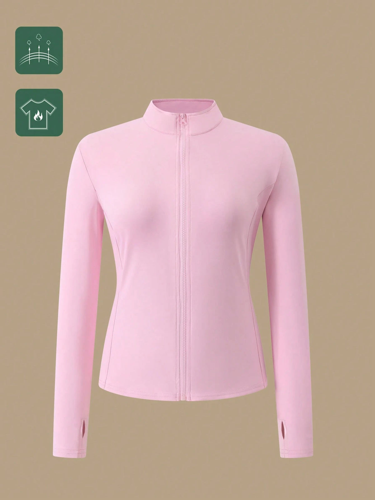1pc Women Plus Size All Season Thumb Hole Fitted Yoga Fitness Jacket, Suitable For Running And Yoga Pink Spring Sports