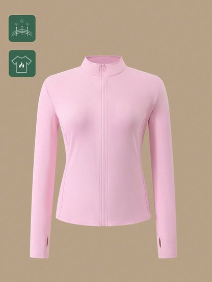 1pc Women Plus Size All Season Thumb Hole Fitted Yoga Fitness Jacket, Suitable For Running And Yoga Pink Spring Sports