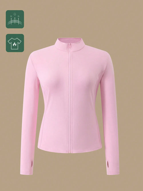 1pc Women Plus Size All Season Thumb Hole Fitted Yoga Fitness Jacket, Suitable For Running And Yoga Pink Spring Sports