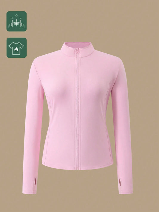 1pc Women Plus Size All Season Thumb Hole Fitted Yoga Fitness Jacket, Suitable For Running And Yoga Pink Spring Sports