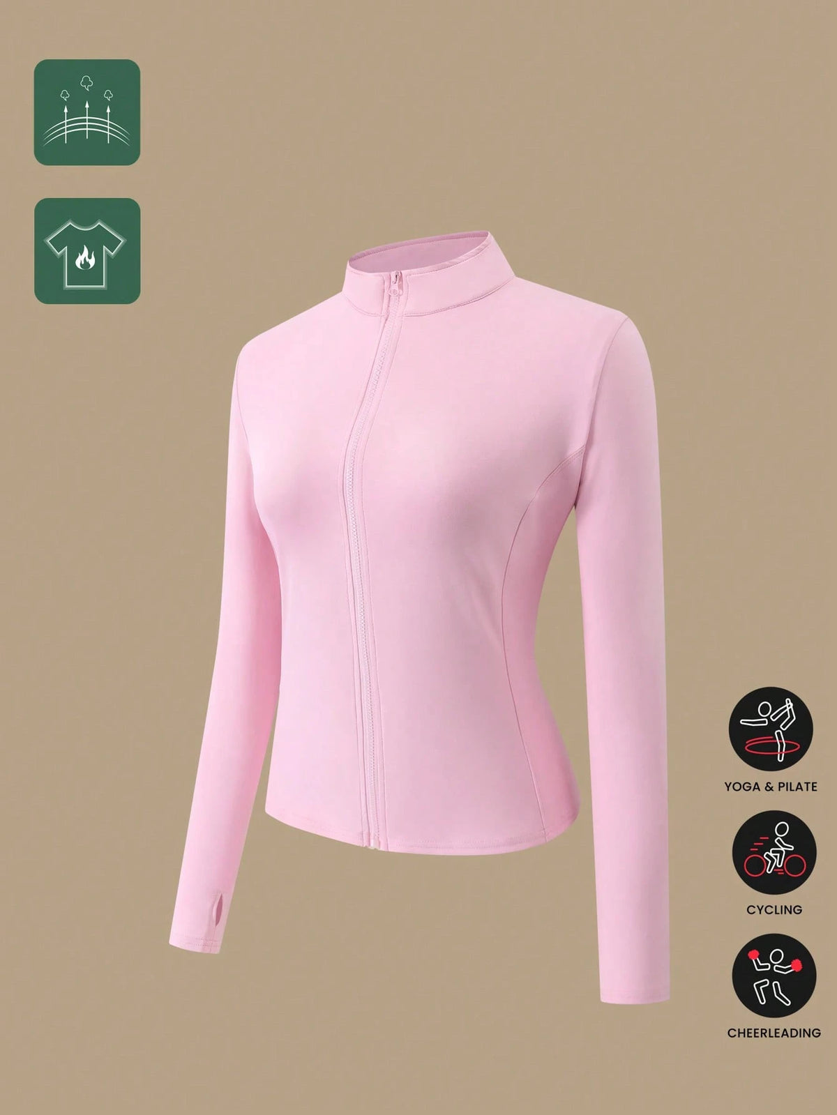 1pc Women Plus Size All Season Thumb Hole Fitted Yoga Fitness Jacket, Suitable For Running And Yoga Pink Spring Sports