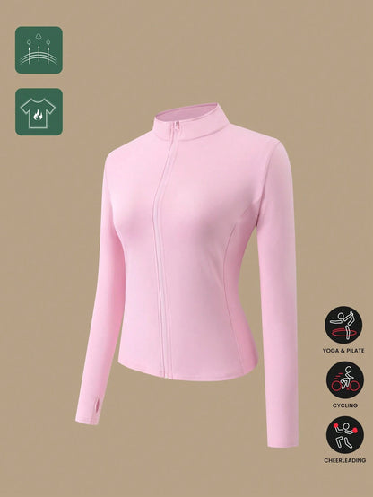 1pc Women Plus Size All Season Thumb Hole Fitted Yoga Fitness Jacket, Suitable For Running And Yoga Pink Spring Sports