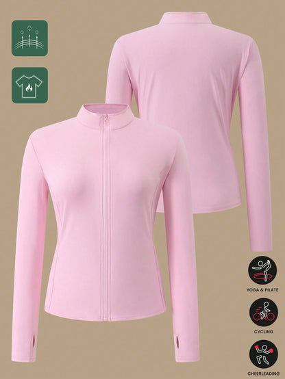 1pc Women Plus Size All Season Thumb Hole Fitted Yoga Fitness Jacket, Suitable For Running And Yoga Pink Spring Sports