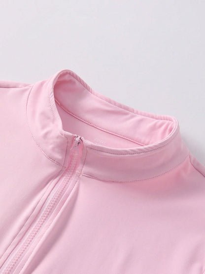 1pc Women Plus Size All Season Thumb Hole Fitted Yoga Fitness Jacket, Suitable For Running And Yoga Pink Spring Sports