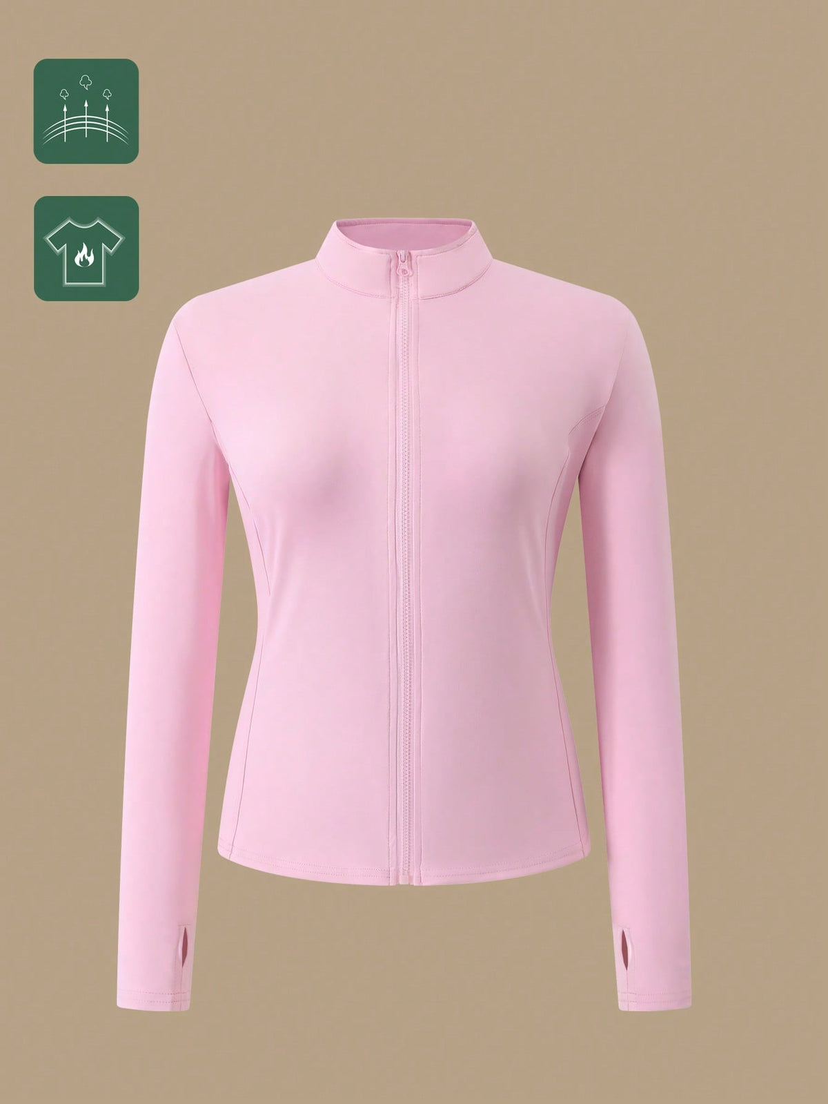 1pc Women Plus Size All Season Thumb Hole Fitted Yoga Fitness Jacket, Suitable For Running And Yoga Pink Spring Sports