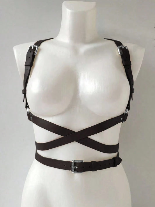1pc Women's Brown PU Leather Body Harness Belt, Street Style Waist Accessory For Dress, Holiday Party Outfit