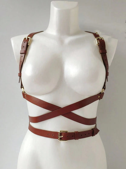 1pc Women's Brown PU Leather Body Harness Belt, Street Style Waist Accessory For Dress, Holiday Party Outfit