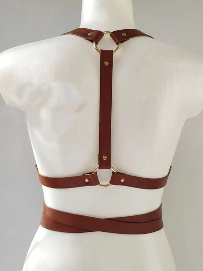 1pc Women's Brown PU Leather Body Harness Belt, Street Style Waist Accessory For Dress, Holiday Party Outfit