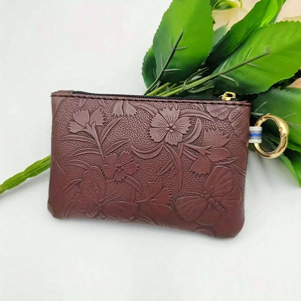 1pc Women's Key Chain Coin Purse, New Embossed Floral Key Ring Coin Pouch, Key Coin Card Holder, Fashion Mini Small Bag, Random Pattern Position