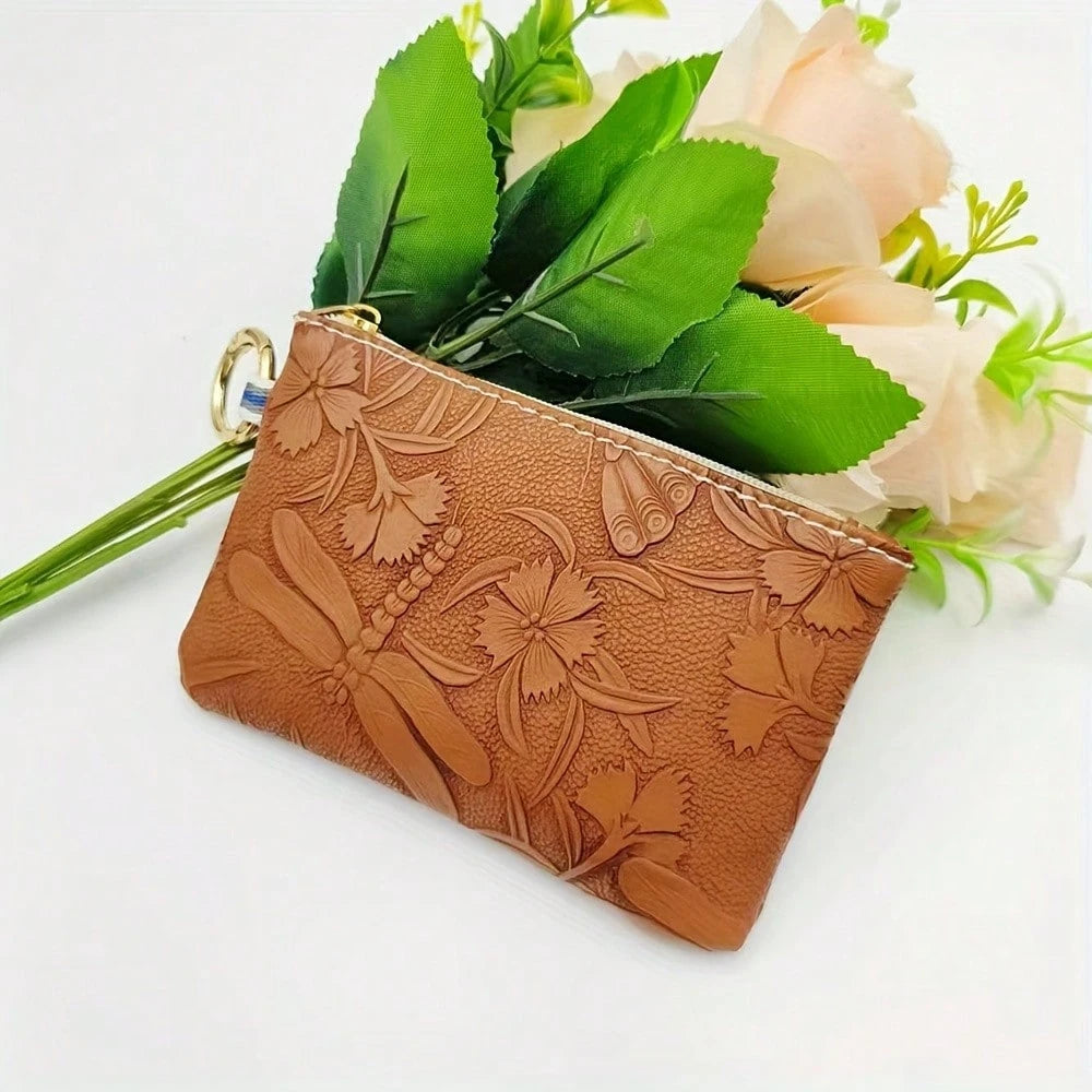 1pc Women's Key Chain Coin Purse, New Embossed Floral Key Ring Coin Pouch, Key Coin Card Holder, Fashion Mini Small Bag, Random Pattern Position