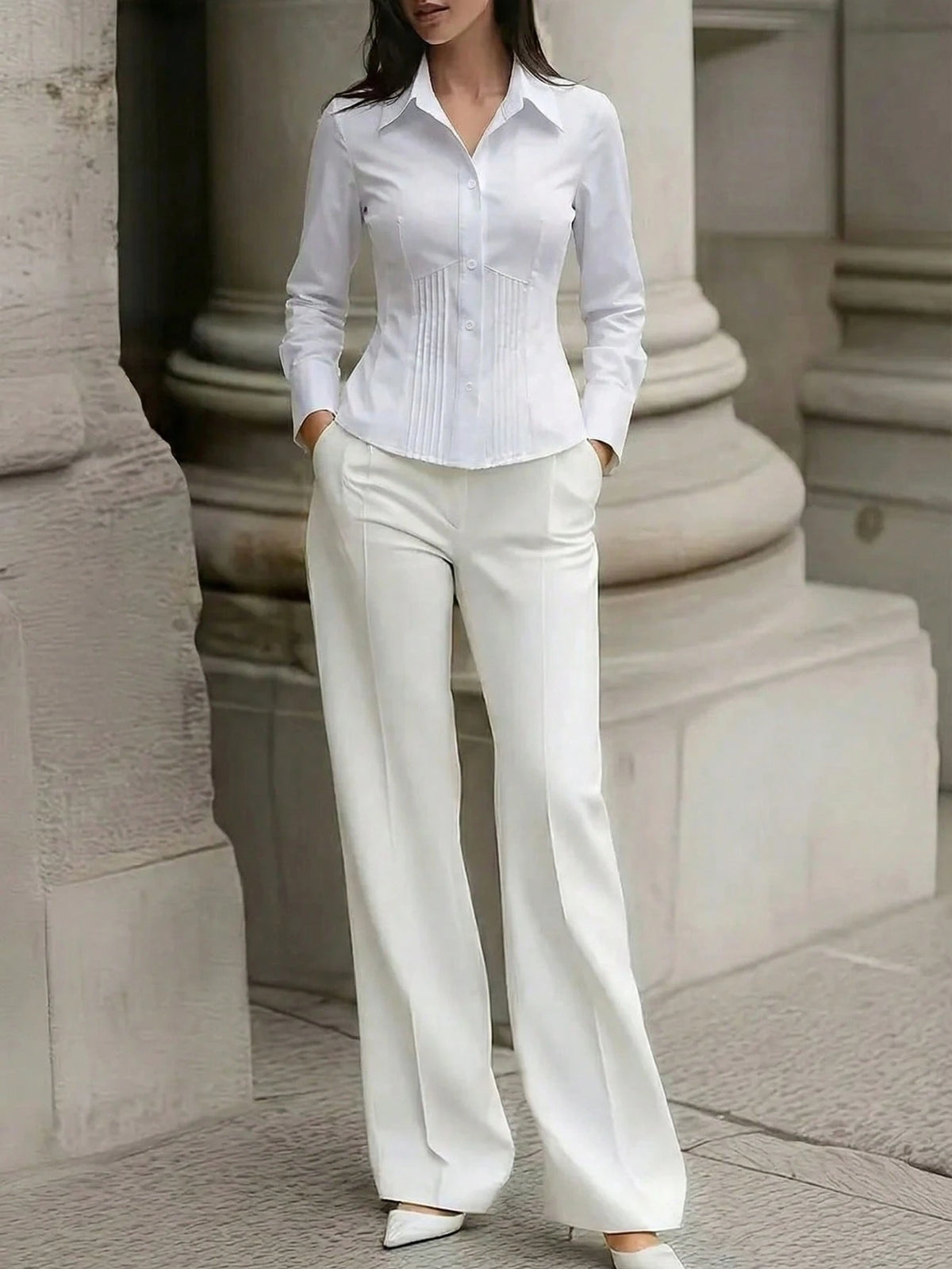 1pc Women's Solid Color Button-Up Elegant Commuter Casual Slim Fit Long Sleeve Shirt, Suitable For Office, Home, Daily Wear, And Dates, All Seasons White Spring