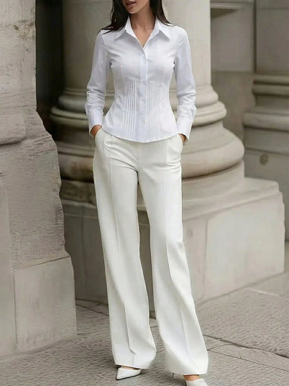 1pc Women's Solid Color Button-Up Elegant Commuter Casual Slim Fit Long Sleeve Shirt, Suitable For Office, Home, Daily Wear, And Dates, All Seasons White Spring