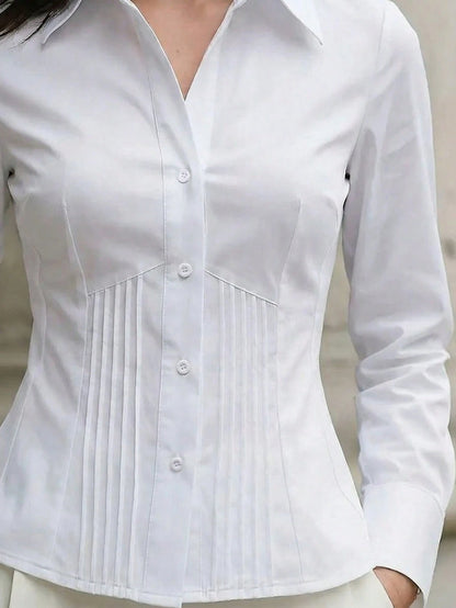 1pc Women's Solid Color Button-Up Elegant Commuter Casual Slim Fit Long Sleeve Shirt, Suitable For Office, Home, Daily Wear, And Dates, All Seasons White Spring
