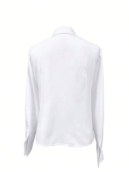 1pc Women's Solid Color Button-Up Elegant Commuter Casual Slim Fit Long Sleeve Shirt, Suitable For Office, Home, Daily Wear, And Dates, All Seasons White Spring