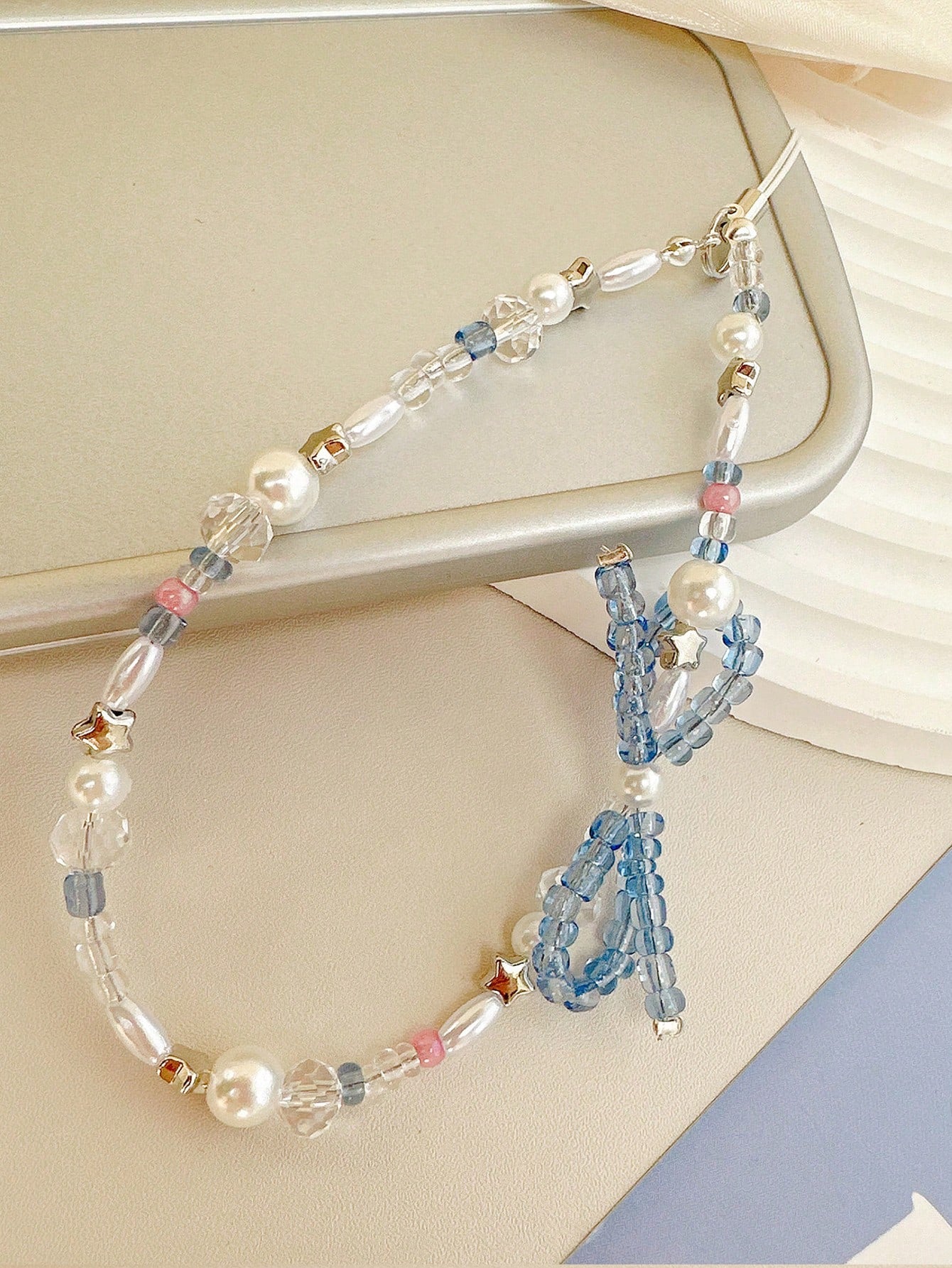 1pc Y2K Blue Crystal & Faux Pearl Beaded Phone Charm, Handmade Star Bead Wrist Strap Anti-Lost Phone Lanyard Keychain Bag Pendant For Women Summer Aesthetic Accessory