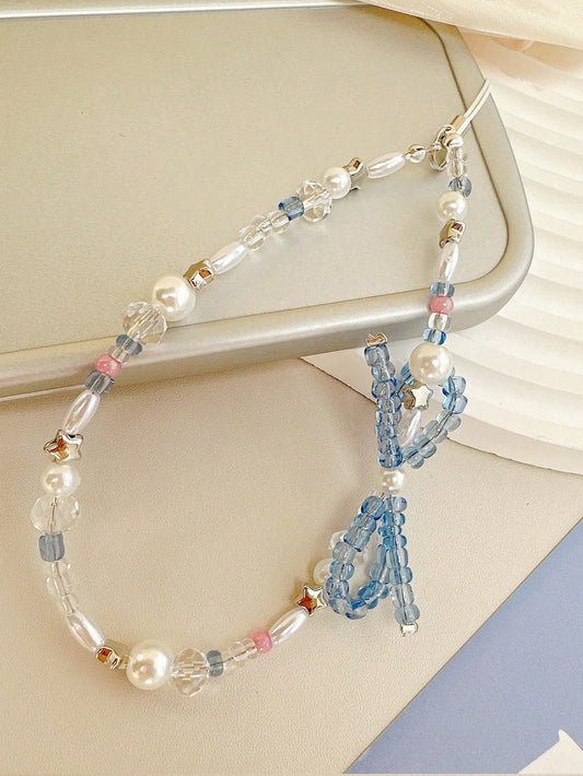 1pc Y2K Blue Crystal & Faux Pearl Beaded Phone Charm, Handmade Star Bead Wrist Strap Anti-Lost Phone Lanyard Keychain Bag Pendant For Women Summer Aesthetic Accessory