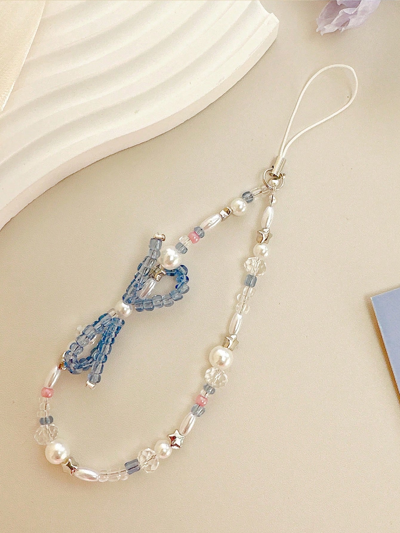 1pc Y2K Blue Crystal & Faux Pearl Beaded Phone Charm, Handmade Star Bead Wrist Strap Anti-Lost Phone Lanyard Keychain Bag Pendant For Women Summer Aesthetic Accessory