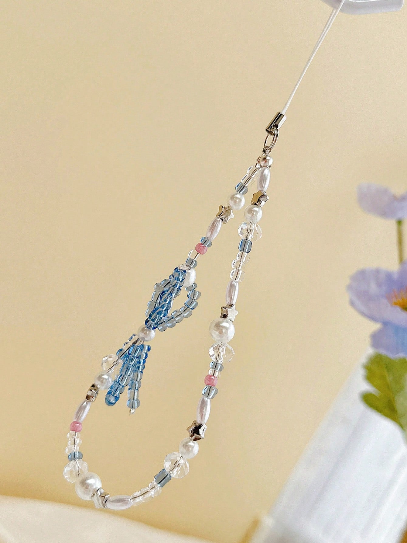 1pc Y2K Blue Crystal & Faux Pearl Beaded Phone Charm, Handmade Star Bead Wrist Strap Anti-Lost Phone Lanyard Keychain Bag Pendant For Women Summer Aesthetic Accessory