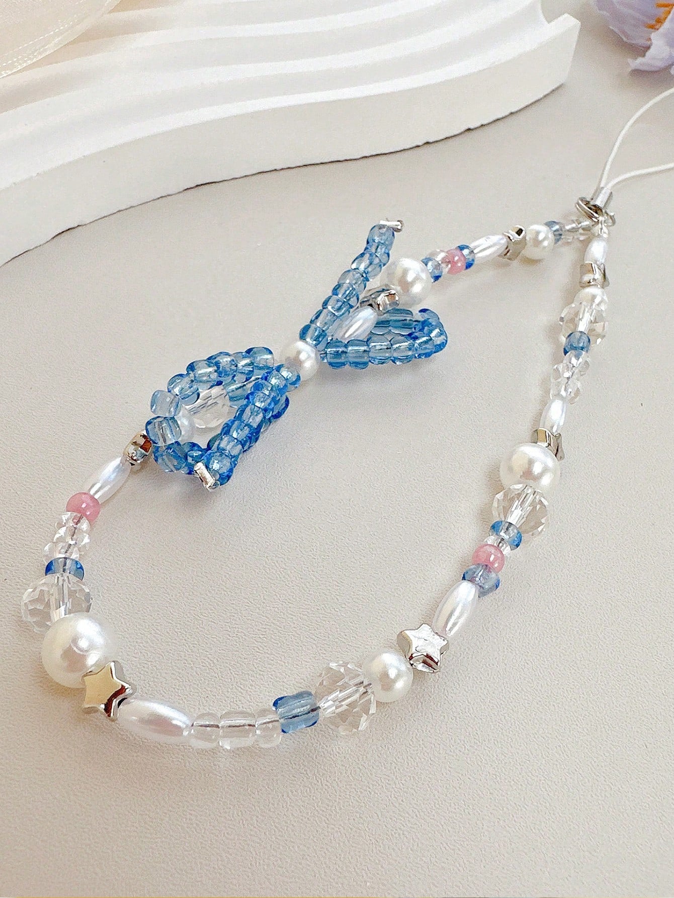 1pc Y2K Blue Crystal & Faux Pearl Beaded Phone Charm, Handmade Star Bead Wrist Strap Anti-Lost Phone Lanyard Keychain Bag Pendant For Women Summer Aesthetic Accessory