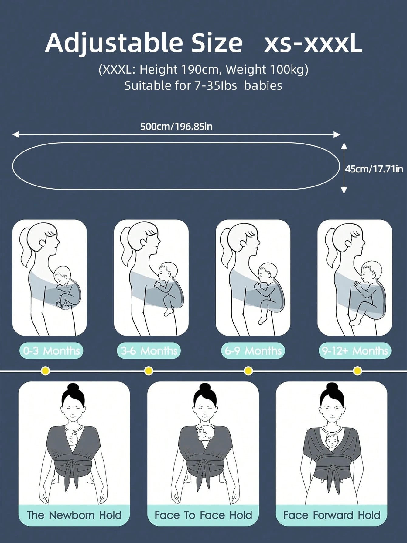 1PCS 196.85"X17.7" Grey Baby Wrap Carrier-All In 1 Original Baby Carrier Newborn To Toddler Sling, Easy To Wear, Hands Free Bonding, Lightweight
