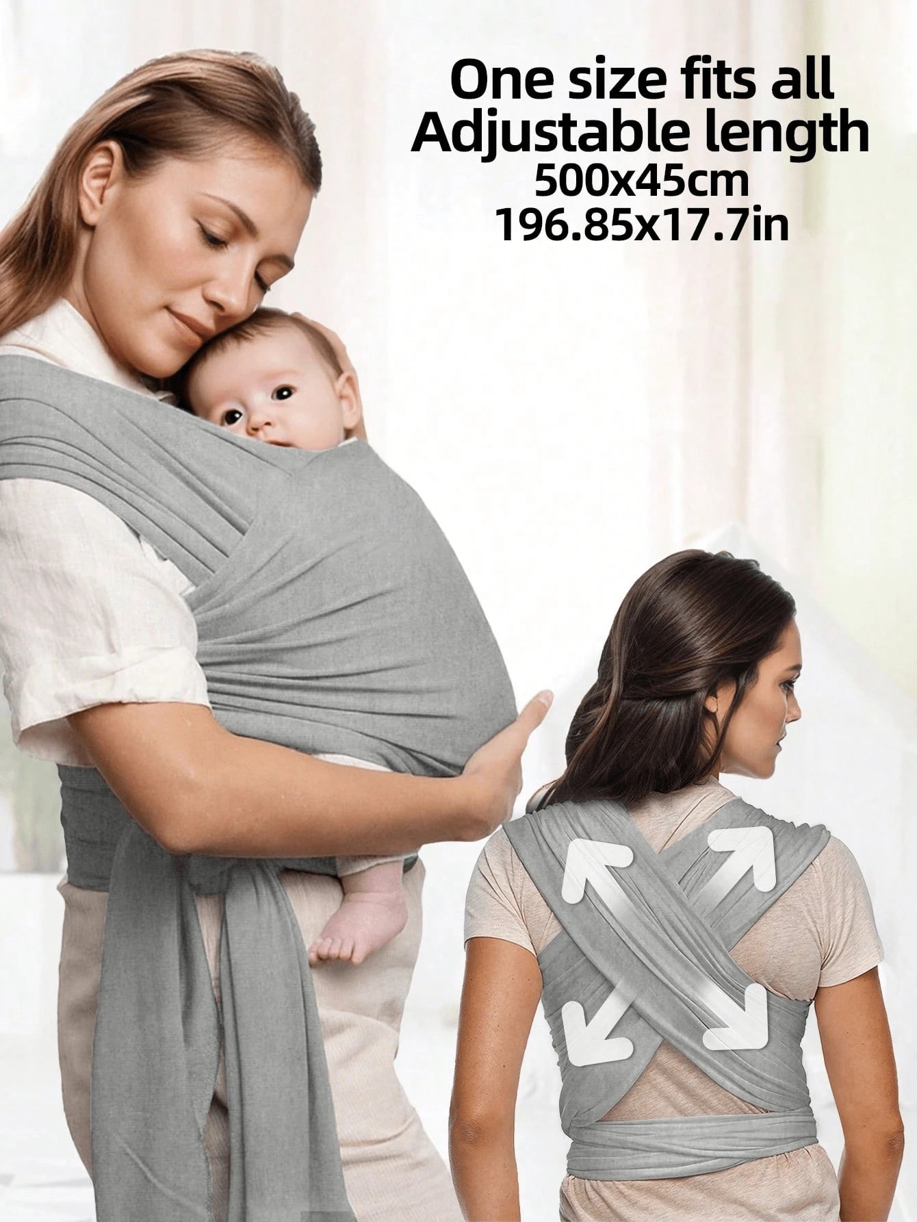 1PCS 196.85"X17.7" Grey Baby Wrap Carrier-All In 1 Original Baby Carrier Newborn To Toddler Sling, Easy To Wear, Hands Free Bonding, Lightweight