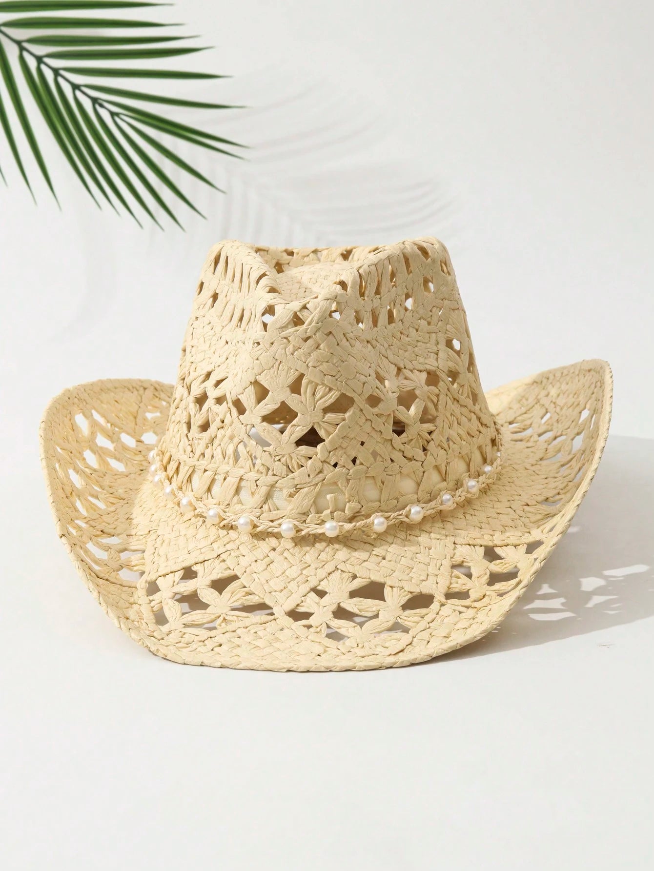 1pcs Unisex Pearl Decor Cowboy Hat Hollow Printed Cowgirl Hat Spring Summer Travel Shade Beach Hat Straw Hat Casual Sun Hat
