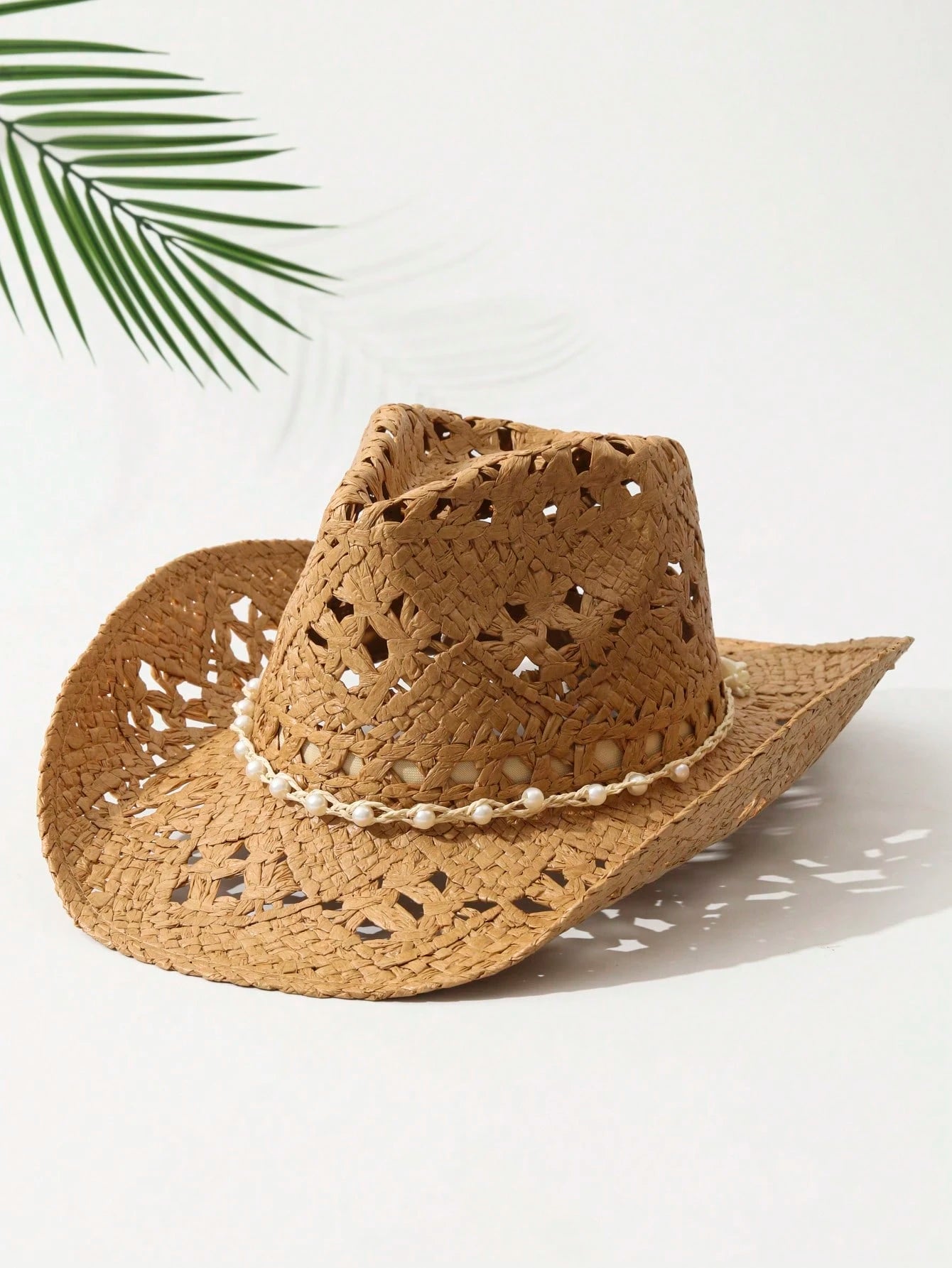 1pcs Unisex Pearl Decor Cowboy Hat Hollow Printed Cowgirl Hat Spring Summer Travel Shade Beach Hat Straw Hat Casual Sun Hat