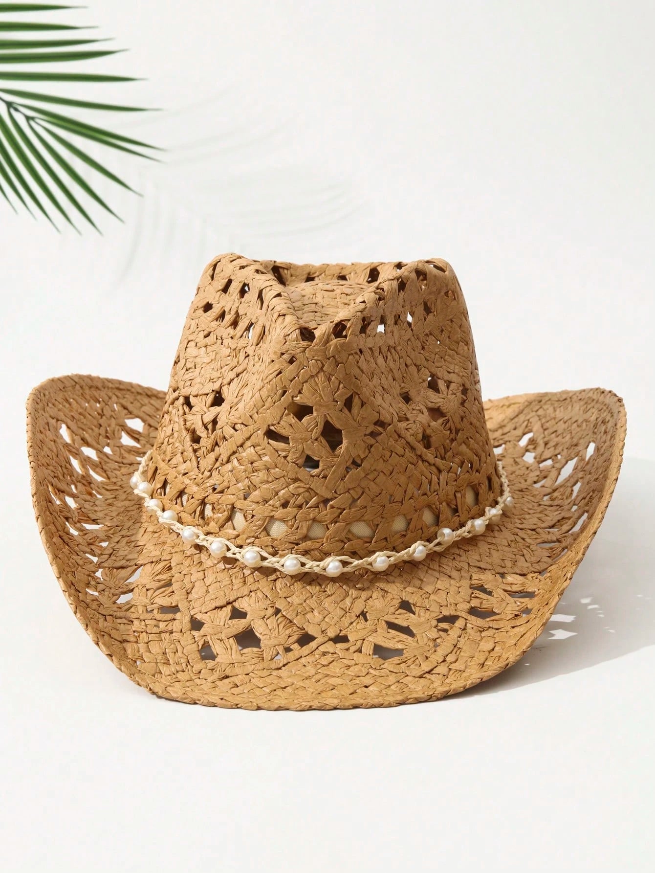 1pcs Unisex Pearl Decor Cowboy Hat Hollow Printed Cowgirl Hat Spring Summer Travel Shade Beach Hat Straw Hat Casual Sun Hat