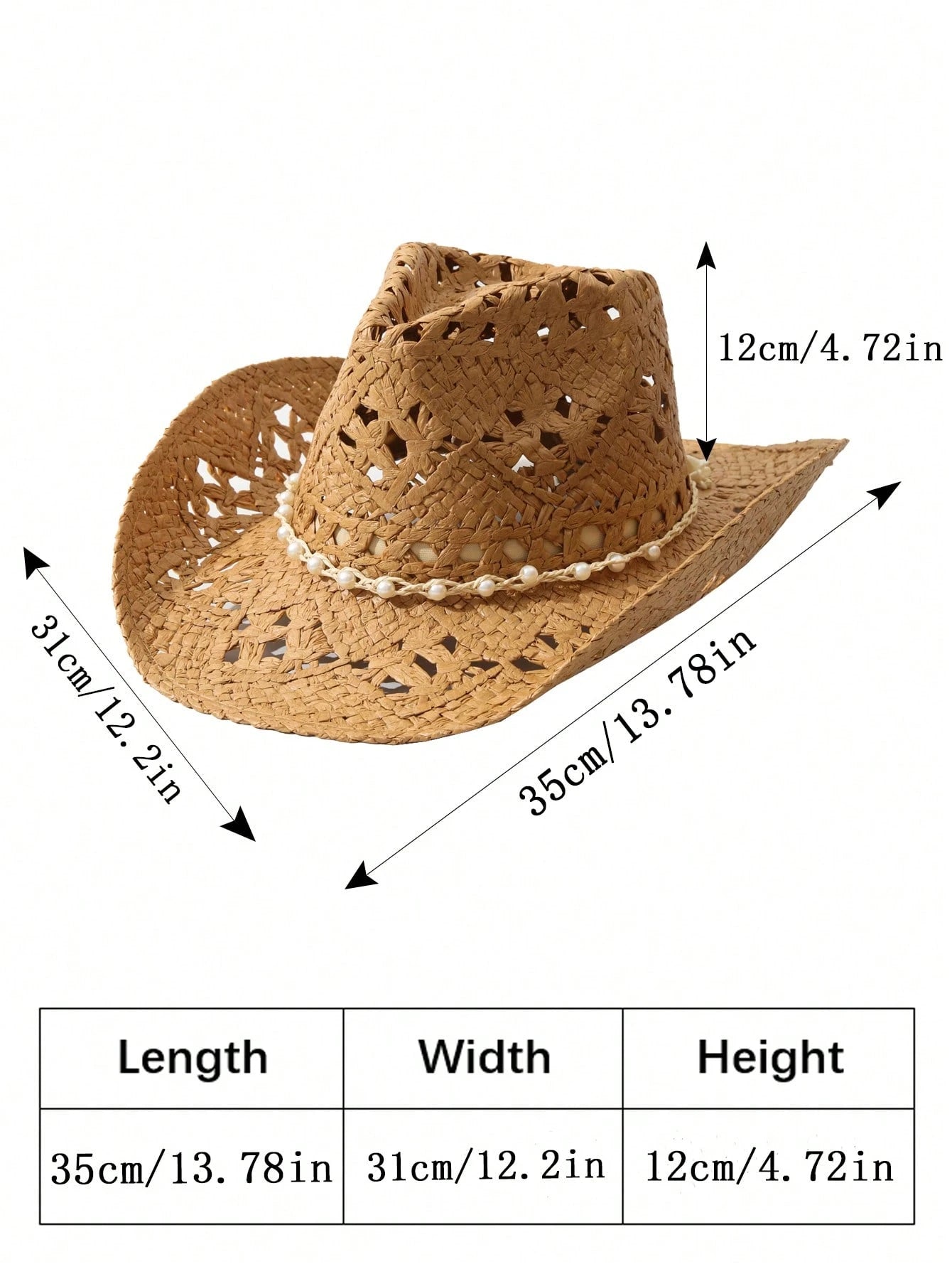 1pcs Unisex Pearl Decor Cowboy Hat Hollow Printed Cowgirl Hat Spring Summer Travel Shade Beach Hat Straw Hat Casual Sun Hat