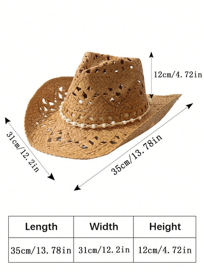 1pcs Unisex Pearl Decor Cowboy Hat Hollow Printed Cowgirl Hat Spring Summer Travel Shade Beach Hat Straw Hat Casual Sun Hat