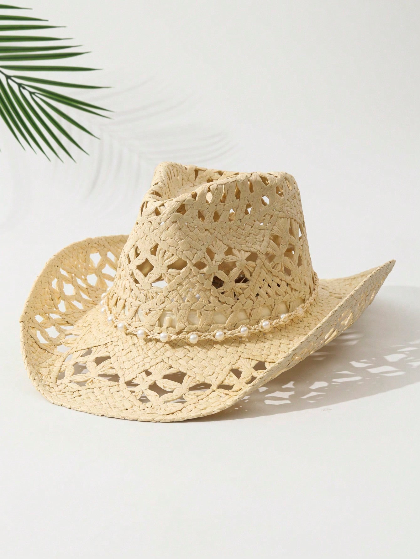 1pcs Unisex Pearl Decor Cowboy Hat Hollow Printed Cowgirl Hat Spring Summer Travel Shade Beach Hat Straw Hat Casual Sun Hat