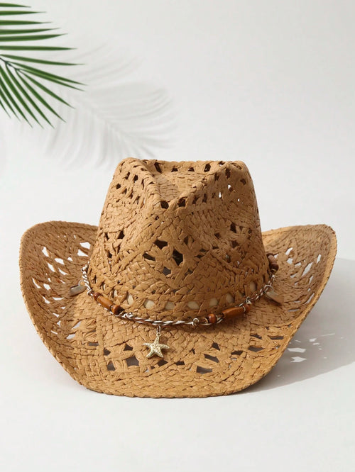1pcs Unisex Starfish Decor Cowboy Hat Hollow Printed Cowgirl Hat Casual Sun Hat Spring Summer Travel Shade Beach Hat Straw Hat