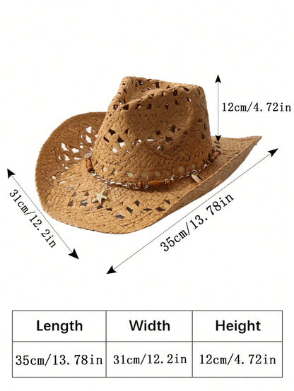 1pcs Unisex Starfish Decor Cowboy Hat Hollow Printed Cowgirl Hat Casual Sun Hat Spring Summer Travel Shade Beach Hat Straw Hat