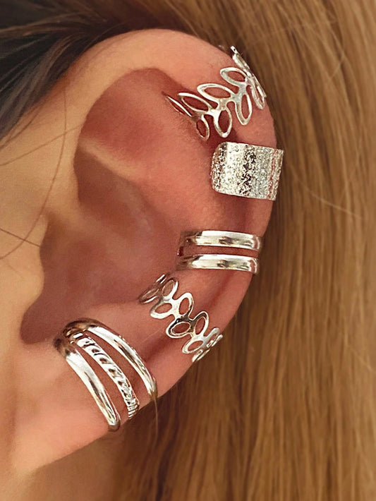 1set 5pcs Silver-Color Leaf Decor Ear Cuffs Clip-On Earrings For Women. Valentine's Day Accessories,Classy,Festival