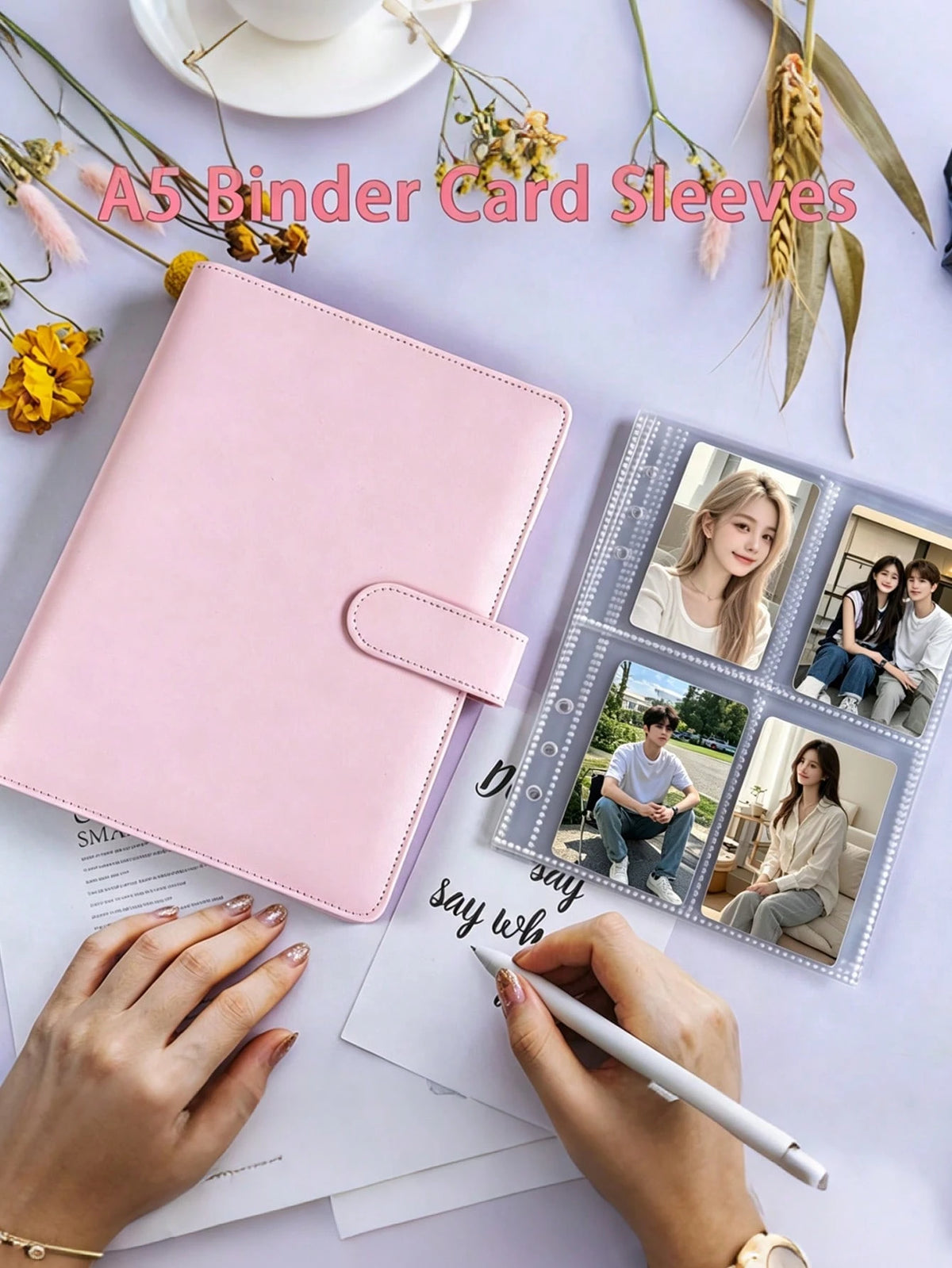 1Set Loose-Leaf Binder Card Collection Book Photo Album Notebook,A5 PU Cover+25 Pcs 4-Grids Inner Pages Photo Card Seelves,Wedding Anniversary Family Album,Stationery Book Photocards Storage Album For