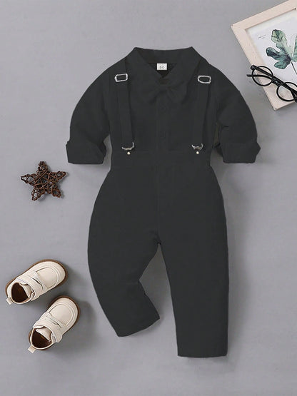 1st Birthday Outfit For Baby Boy Flower Boy, School Party Suit, Gentleman Attire- Black Shirt + Suspender Pants Set