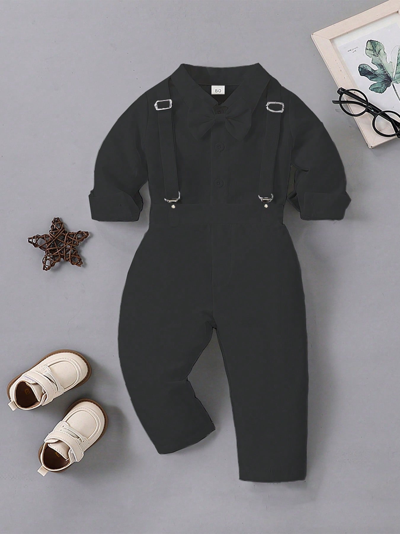 1st Birthday Outfit For Baby Boy Flower Boy, School Party Suit, Gentleman Attire- Black Shirt + Suspender Pants Set
