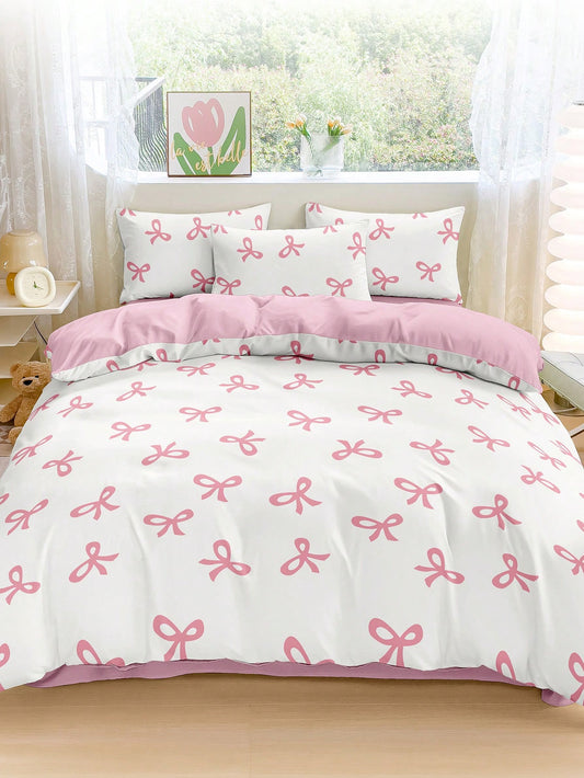 2/3pcs Bedding Set, Duvet Cover Set, Pink Bow Printed Soft & Comfortable Bedding, Sweet Girl Style Bedroom Decor, Breathable Anti-Dust Microfiber, Suitable For Single/Double/King Size Beds, Includes 1