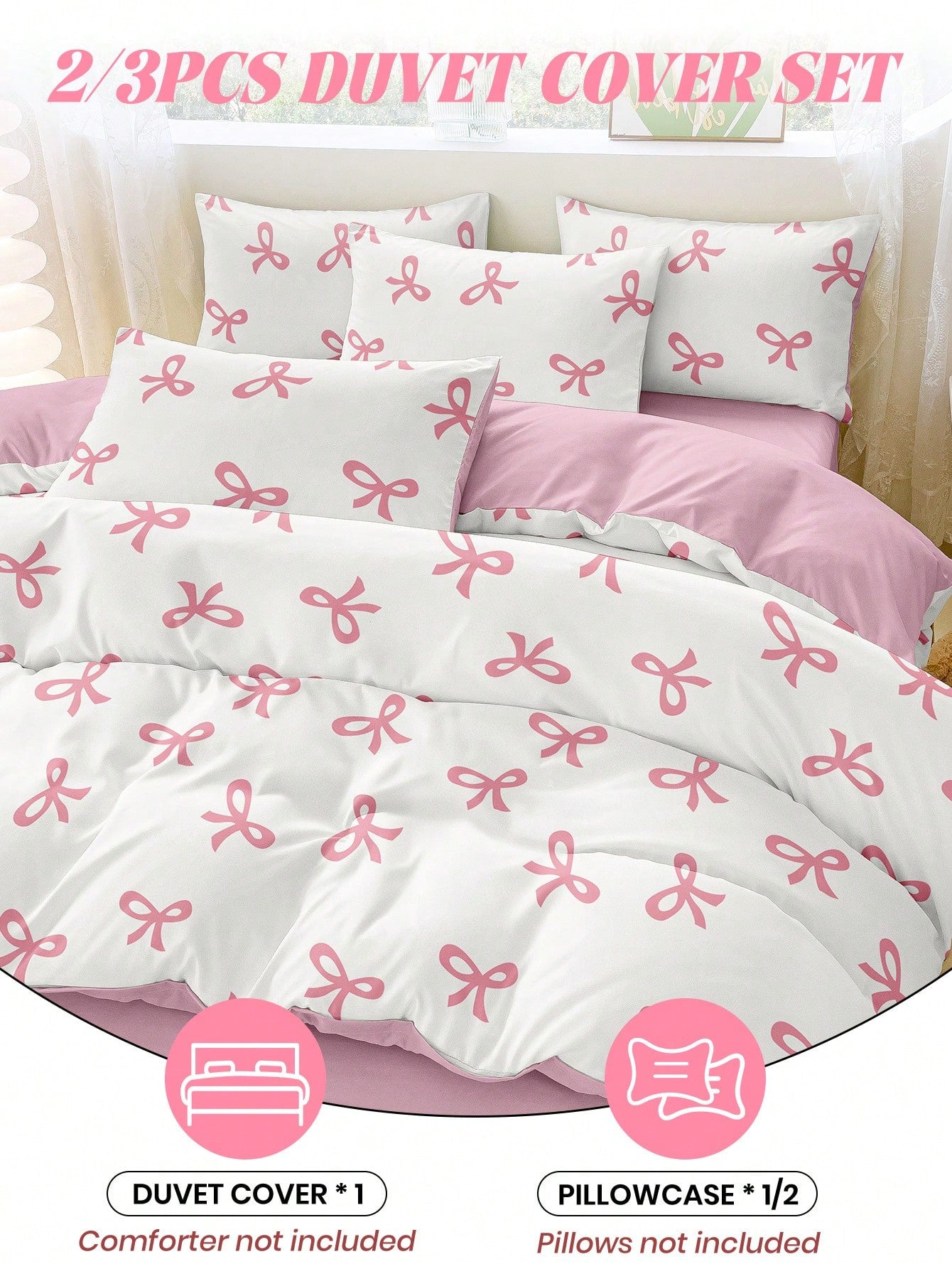 2/3pcs Bedding Set, Duvet Cover Set, Pink Bow Printed Soft & Comfortable Bedding, Sweet Girl Style Bedroom Decor, Breathable Anti-Dust Microfiber, Suitable For Single/Double/King Size Beds, Includes 1
