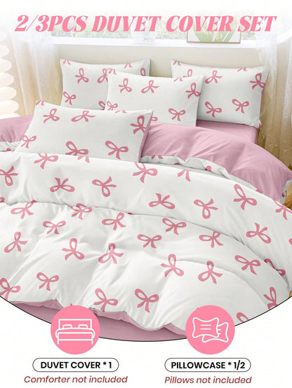 2/3pcs Bedding Set, Duvet Cover Set, Pink Bow Printed Soft & Comfortable Bedding, Sweet Girl Style Bedroom Decor, Breathable Anti-Dust Microfiber, Suitable For Single/Double/King Size Beds, Includes 1