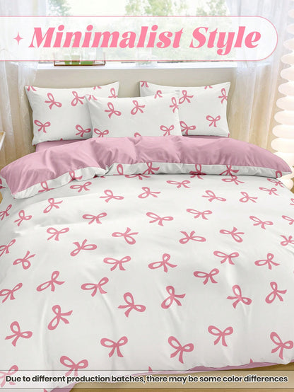 2/3pcs Bedding Set, Duvet Cover Set, Pink Bow Printed Soft & Comfortable Bedding, Sweet Girl Style Bedroom Decor, Breathable Anti-Dust Microfiber, Suitable For Single/Double/King Size Beds, Includes 1