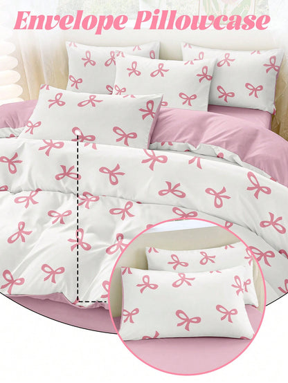 2/3pcs Bedding Set, Duvet Cover Set, Pink Bow Printed Soft & Comfortable Bedding, Sweet Girl Style Bedroom Decor, Breathable Anti-Dust Microfiber, Suitable For Single/Double/King Size Beds, Includes 1